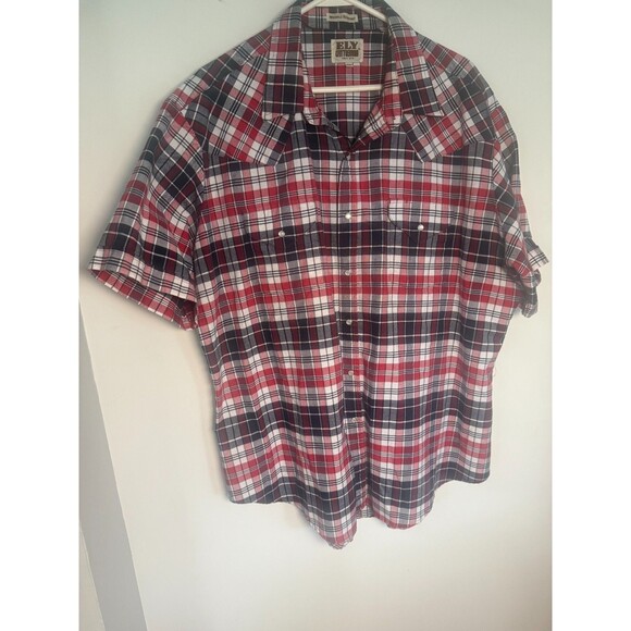 Ely Cattleman Mens 2XL Short Sleeve Shirt Pearl Snap Blue/red plaid wrinkle free - Picture 1 of 5